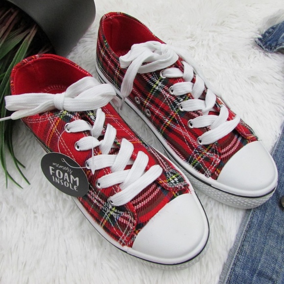 Streetwear Society Red Plaid Canvas Sneakers - Picture 5 of 8